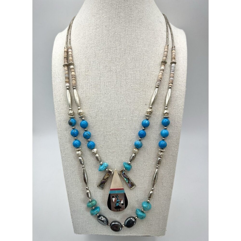 Vintage Double Strand Navajo jacla necklace turquoise sterling silver MOP